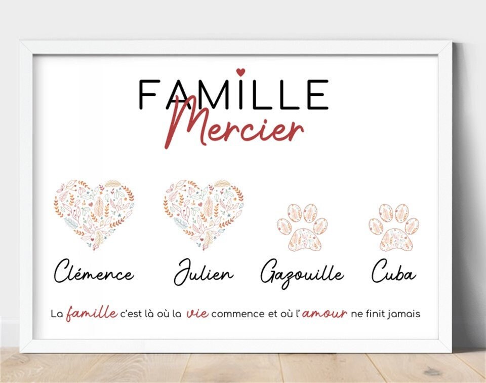 Affiche Famille avec Cœurs et Animaux. Affiche Personnalisée Nom Prénoms. Cadeau Couple Personnalisé