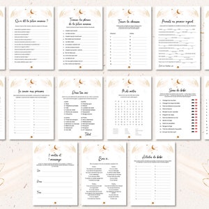May include: A collection of printable baby shower games on white paper with gold accents. Each game sheet features a different design and text, including "Love," "Find the Chance," and "Baby's First Look."