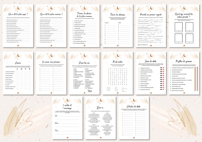 May include: A collection of printable baby shower games on white paper with gold accents. Each game sheet features a different design and text, including "Love," "Find the Chance," and "Baby's First Look."