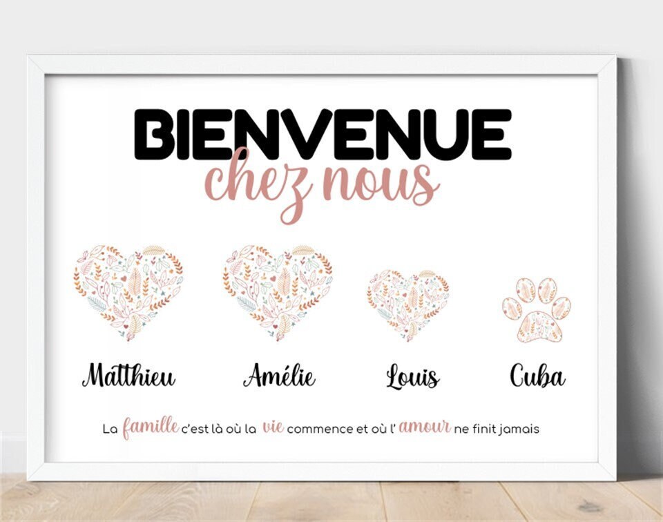 Affiche Famille Bienvenue Chez Nous avec Cœurs et Animaux. Affiche Personnalisée Nom Prénoms. Cadeau