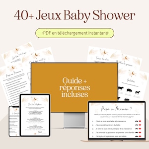 40 jeux baby shower à imprimer. Activités babyshower en français à télécharger.  Carte de jeux pour baby shower et gender reveal