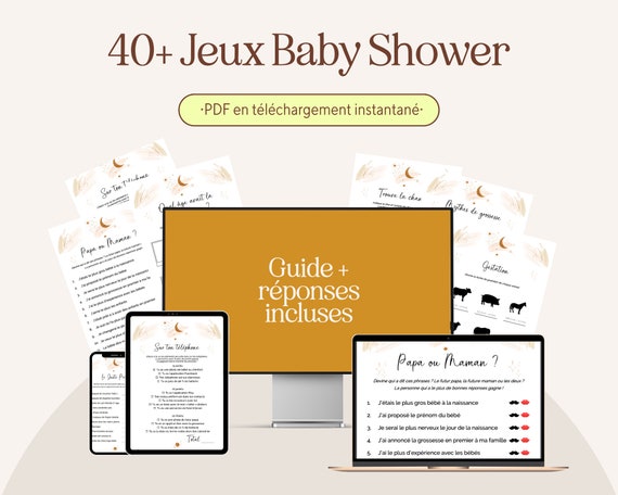 40 jeux baby shower à imprimer. Activités babyshower en français à télécharger.  Carte de jeux pour baby shower et gender reveal