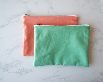 Solid Green or Pink Flat Pouch Zipper Bag. Purse organizer, mask pouch, multi-purpose catch-all zipper bag.