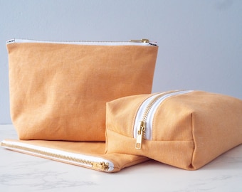 Orange Linen Zipper Bag in 3 Styles: Stand-Up Bag, Box Bag, or Flat Pouch; Cosmetic, Makeup, Accessory, Handmade, Catch-all; Bridal Gifts