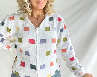 Vintage 90s Cardigan | Size M/L | Cotton | White with colorful details