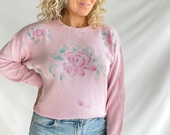 Vintage 90s Knit | Size M/L | Cotton | Pastel Pink | Roses