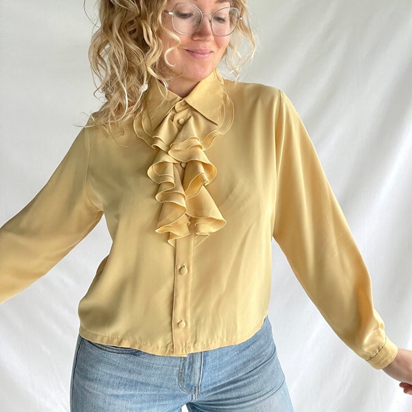 Vintage Blouse | Size M | Polyester | Ruffles | Soft Yellow