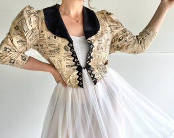 Vintage 80s Blazer | Size M/L | Cotton / viscose | Beige and black | Puff Sleeve