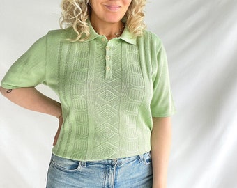 Vintage 80s Summer Knit | Size L | Acrylic | Pastel Green | Short Sleeves
