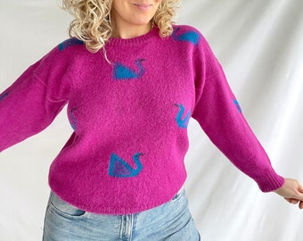 tricot vintage des années 80 | Taille M/L | Laine/Mohair/Acrylique | Impression de cygne