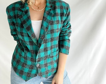 Vintage 80s Blazer | Size L | Wool/Polyester | Green plaid