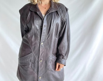 manteau vintage des années 80 | Taille XL | Cuir | Violet