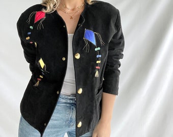 Vintage 80s Jacket | Size L | Suede | Colorful Kites | By Dino'z