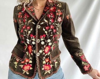 Vintage 90s Blazer | Size M/L | Velvet | Green | Floral Embroidery