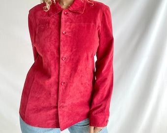 Vintage 90s Blouse | Size L | Suede | Warm Red