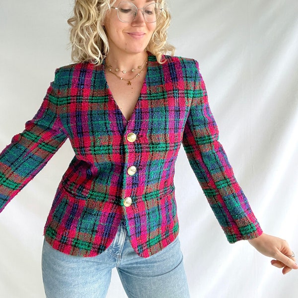 Vintage 80s Blazer | Size M | Wool | Plaid | Gold Buttons