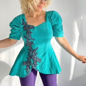 Vintage 80s Top | Size M | Silk | Turquoise | Cindy Lauper style