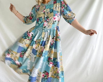 Vintage 90s Dress | Size L | Viscose | Puff Sleeves | Patchwork