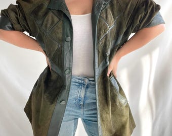 Vintage 80s Coat | Size XL | Suede and Leather | Dark Green