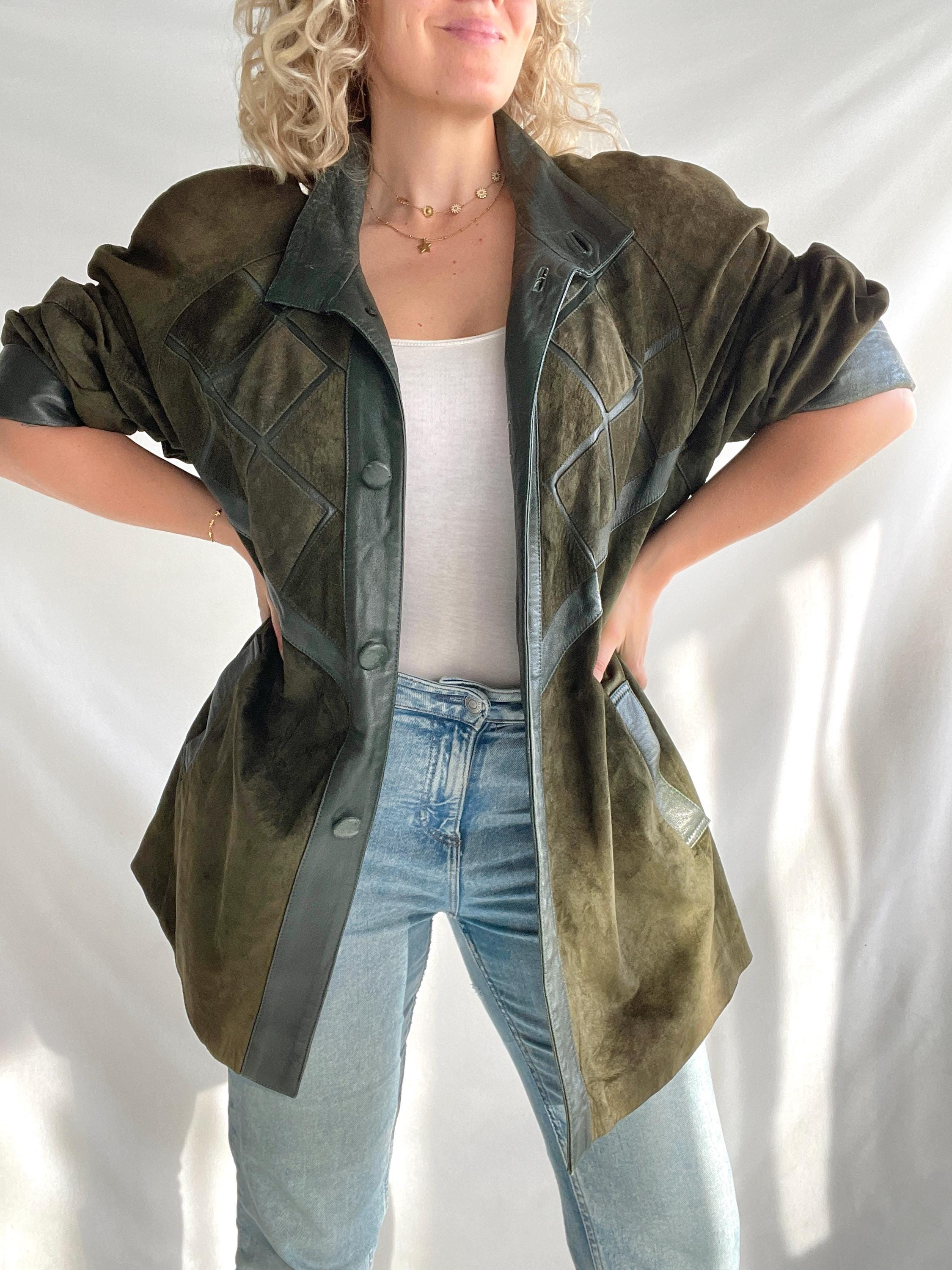 Vintage 80s Coat | Size XL | Suede and Leather | Dark Green Vintage 80s Coat | Size XL | Suede and Leather | Dark Green