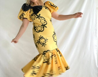 Vintage 80s Party Dress | Size M/L | Cotton | Yellow/Black