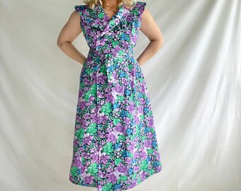 Vintage 80s Sun Dress | Size L/XL | Floral | Ruffle detail