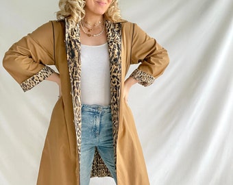 Trench-coat vintage des années 80 | Taille L | Coton/Polyester | Doublure à imprimé panthère