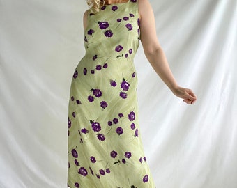 Vintage 90s Sun Dress | Size L | Viscose | Green and Purple | Floral