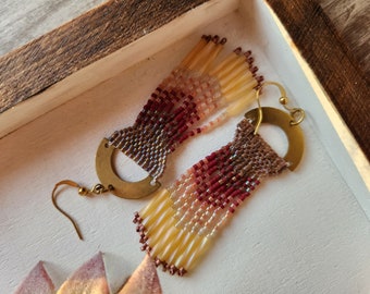 Burgundy and cream beaded fringe earrings