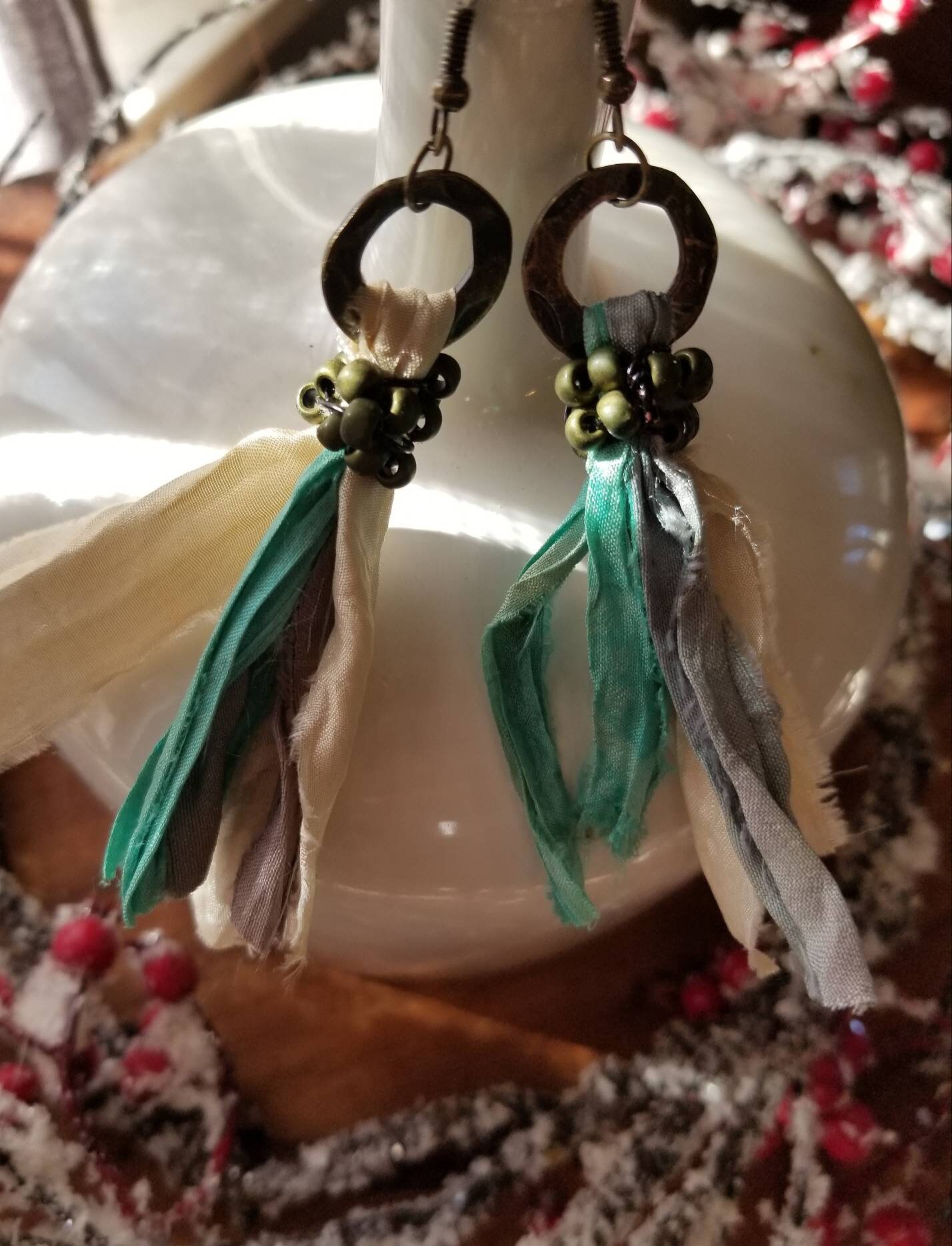 Sari Silk Ribbon Hoop Tassel Silver Plated Statement Earrings - Upcycled Boho Fabric Gift for Her Turquoise