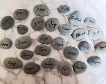 Inspirational Word Worry Stones made from Natural River Rocks and Laser Engraved, customization and personalization available