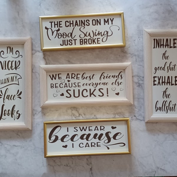 Sarcastic wall decor signs in frames, 4.5"x10.5" frames in Brass (gold) or Whitewash Wood, 11 available phrases, or request a custom phrase