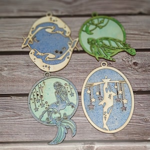 Sealife Holiday Christmas Ornaments, 2 layer laser cut wood, customizable and personalized
