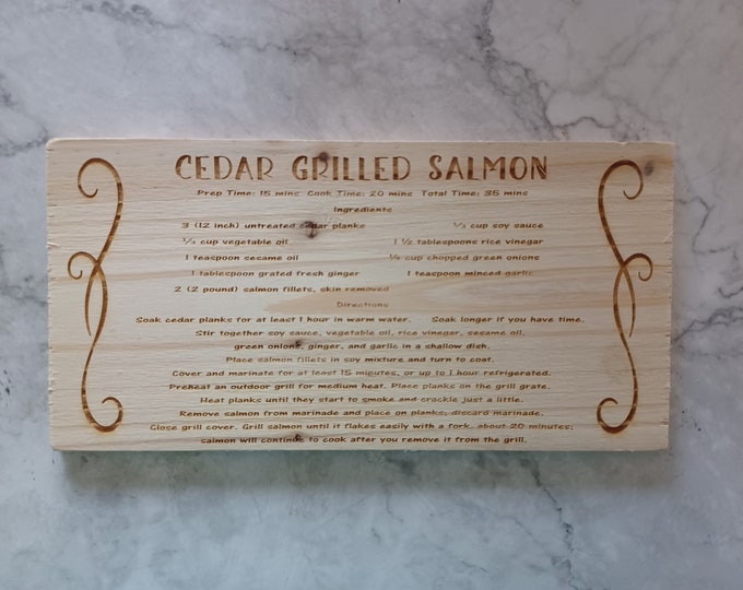 Engraved Cedar Grilling Plank - Engraved with recipe for  Cedar Grilled Salmon or Customized with your recipe, 11"x5.5"