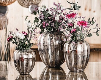 Vase à fleurs, vase à fleurs, vase décoratif en aluminium argenté, décoration moderne en métal, salon et cuisine, 17 cm/23 cm/28 cm.