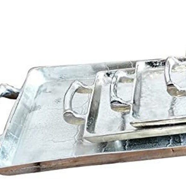 Tablett Servierbrett Servierplatte Aluminium Silber Griffe Luxus XXL - Serviertablett aus Metall - Silbertablett - 42/65 / 82/112 cm