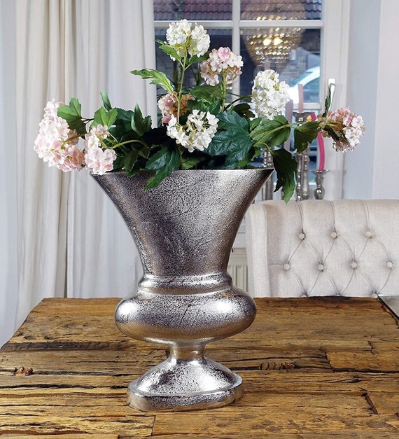 Vase Blumenvase Gefäß Pokalvase Dekovase Aluminium Silber Luxus, Deko Modern, Wohnzimmer, Fensterbank, L 37 cm