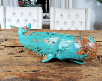 Whale decorative figurine, statue, sculpture made of polyresin - maritime home decor in wood look, green - modern decoration - 40 x 12.8 x 11.5 cm