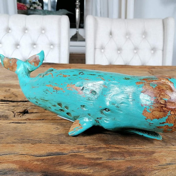 Wal Walfisch Dekofigur Statue Skulptur aus Polyresin - Maritim Deko für Wohnung in Holz-Optik Grün - Dekoration modern  - 40x12,8x11,5 cm