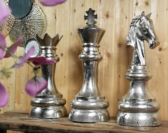 Chess piece XXL, king, queen or knight, chess figure chess game decoration aluminum silver, decoration for living room, bedroom office