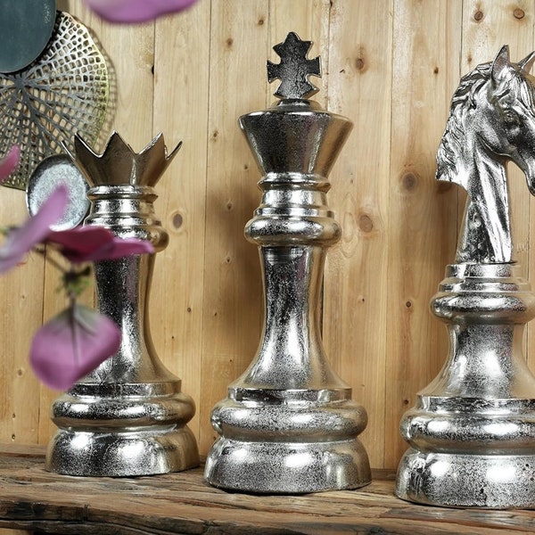 Schaakfiguur XXL, koning, koningin of ridder, schaakfiguur schaakspel decoratie aluminium zilver, decoratie voor woonkamer, slaapkamer kantoor