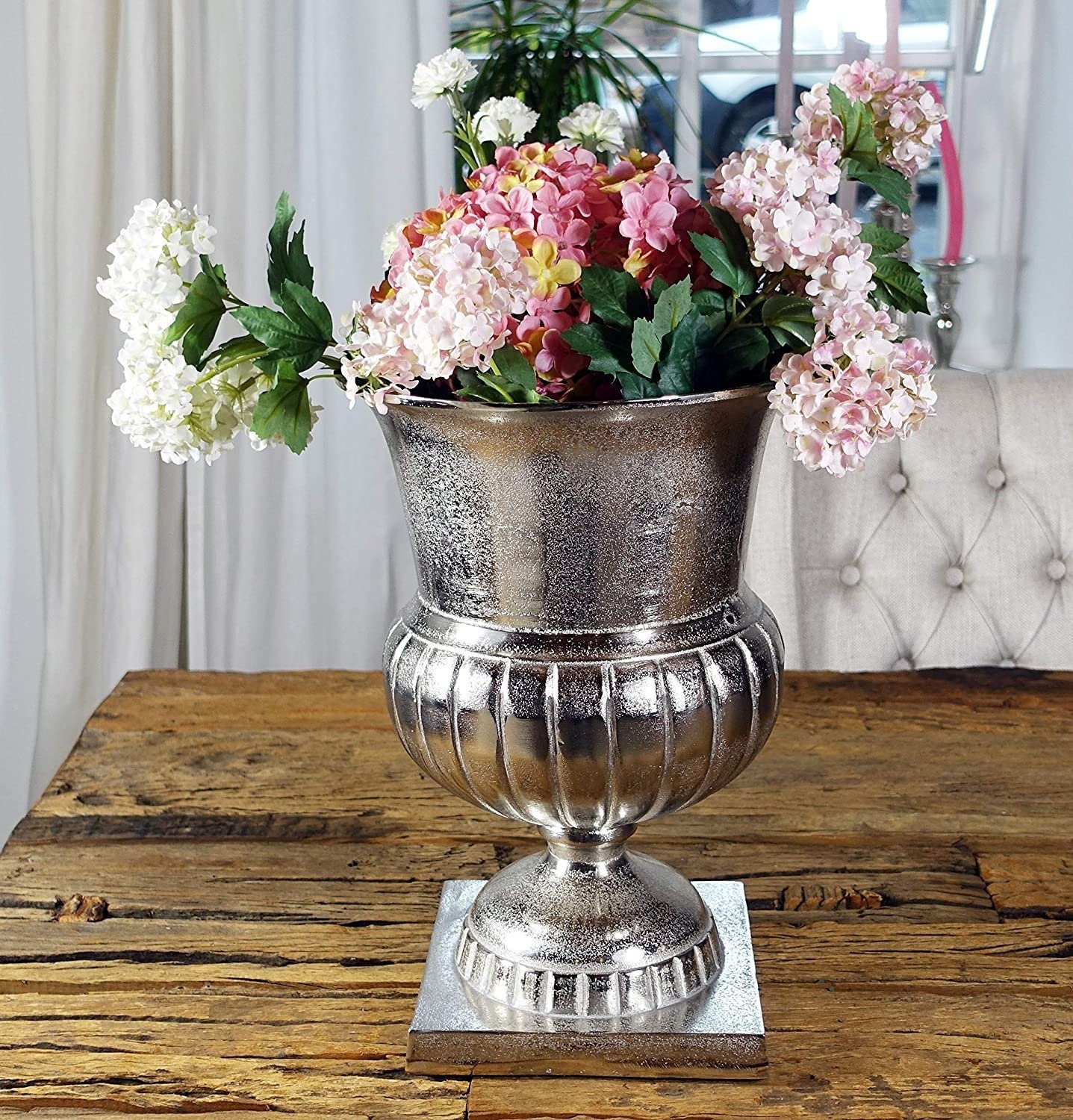 Vase Blumenvase Gefäß Pokalvase Dekovase Aluminium Silber Luxus, Deko Modern aus Metall, Wohnzimmer und Küche, L 35 cm