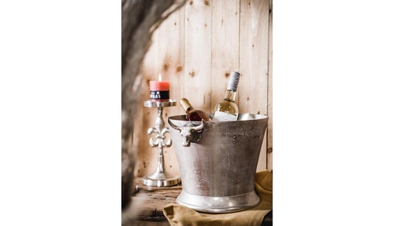 Champagnerkühler Stierkopf, Weinkühler, Flaschenkühler, Sektkühler, Getränkekühler, Aluminium Silber, Sekt, Wein und Champagner - L 33 cm