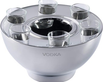 Vodka Cooler Vodka Spirits Cooler"VODKA" Stainless Steel + 6 Shot Glasses Silver, Bottle Cooler Beverage Cooler, Party Gift 25x25x14 cm