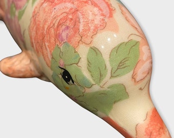 Joan Baker Porcelain Dolphin: Fabric Patchwork Decoupage, 1980s Americana Decor
