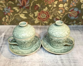 Green Celadon Teacup Set (2 pcs) – Crane Motif Ceramic Cups with Saucer – Handcrafted Korean Pottery – Matcha or Gongfu Tea