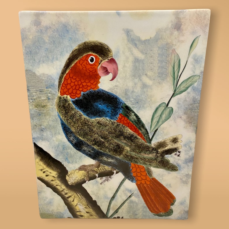 May include: A colorful parrot with red, orange, blue, and green feathers perched on a branch with green leaves against a light blue and white watercolor background.