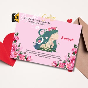8 de marzo, Día de la Mujer, Tarjeta de celebración - Mensaje inspirador - Diseño floral femenino - Descarga instantánea