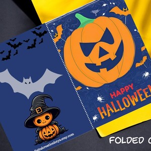 Tarjeta imprimible de calabaza aterradora de Halloween, diseño de murciélago, regalo para familiares o amigos, tarjeta doblada, descarga instantánea