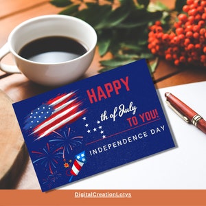 Feliz tarjeta imprimible del 4 de julio/Tarjeta del Día de la Independencia/ Tarjeta del 4 de julio con bandera de EE. UU. y fuegos artificiales